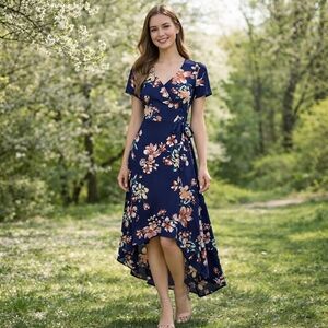 By & By XS Navy Floral High-Low Dress Spring Midi Maxi Lightweight Short Sleeve
